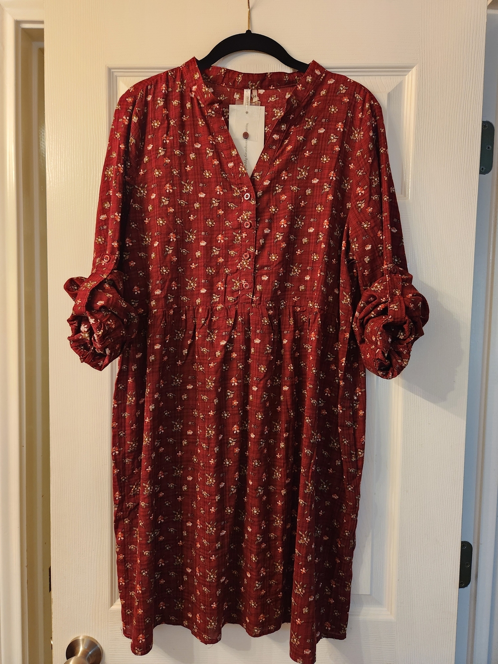Burgundy Floral Button-Front Women’s Dress